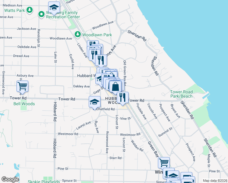 map of restaurants, bars, coffee shops, grocery stores, and more near 925 Tower Court in Winnetka