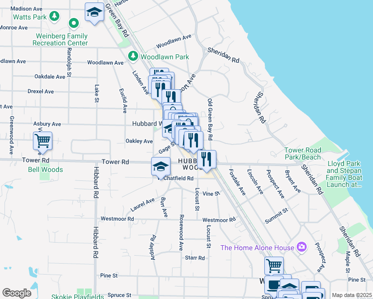 map of restaurants, bars, coffee shops, grocery stores, and more near 916 Green Bay Road in Winnetka