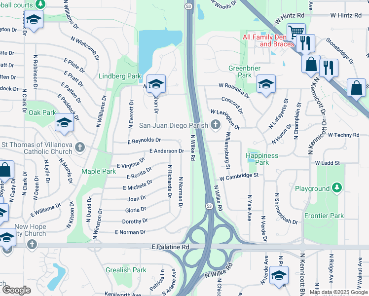 map of restaurants, bars, coffee shops, grocery stores, and more near 1550 East Anderson Drive in Palatine