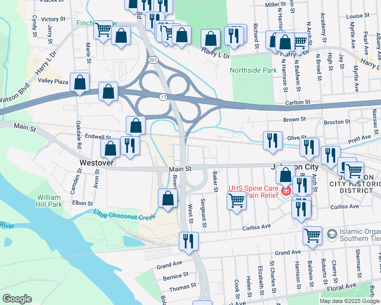 map of restaurants, bars, coffee shops, grocery stores, and more near 29 Endwell Street in Johnson City