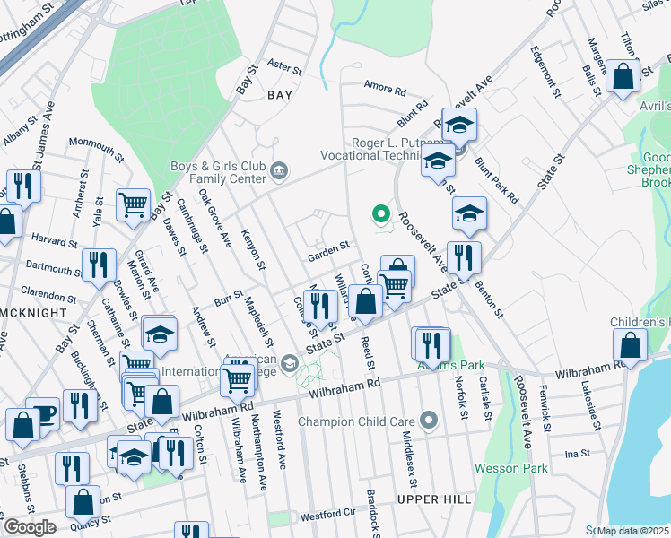 map of restaurants, bars, coffee shops, grocery stores, and more near 84 Willard Avenue in Springfield