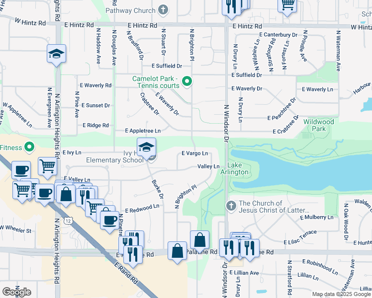map of restaurants, bars, coffee shops, grocery stores, and more near 1122 East Vargo Lane in Arlington Heights