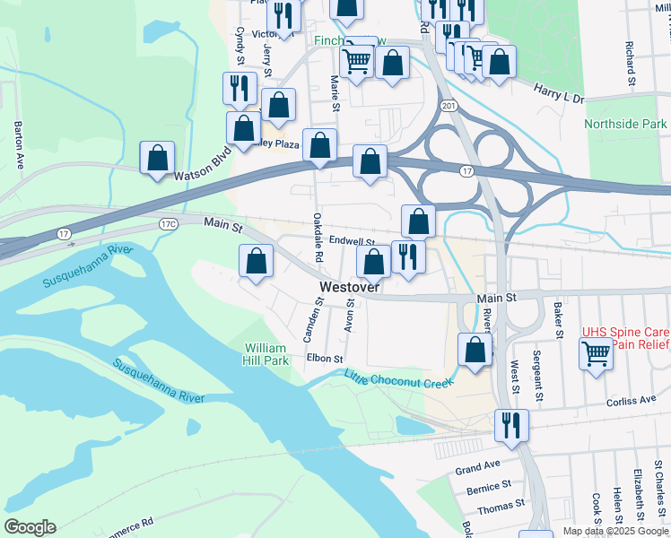 map of restaurants, bars, coffee shops, grocery stores, and more near 3 Donald Street in Johnson City