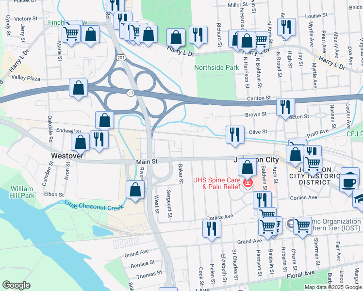 map of restaurants, bars, coffee shops, grocery stores, and more near 2nd Street in Johnson City