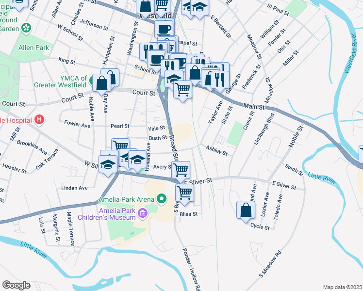 map of restaurants, bars, coffee shops, grocery stores, and more near 64 Broad Street in Westfield