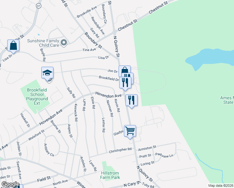 map of restaurants, bars, coffee shops, grocery stores, and more near 117 Kevin Road in Brockton