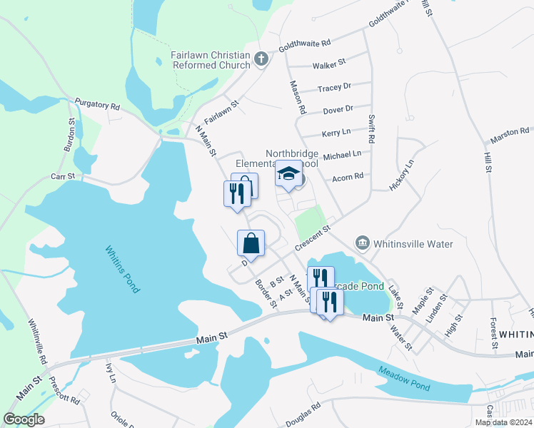 map of restaurants, bars, coffee shops, grocery stores, and more near 44 Overlook Street in Northbridge