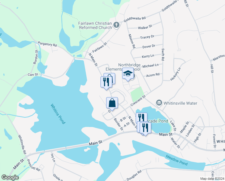 map of restaurants, bars, coffee shops, grocery stores, and more near 206 North Main Street in Northbridge
