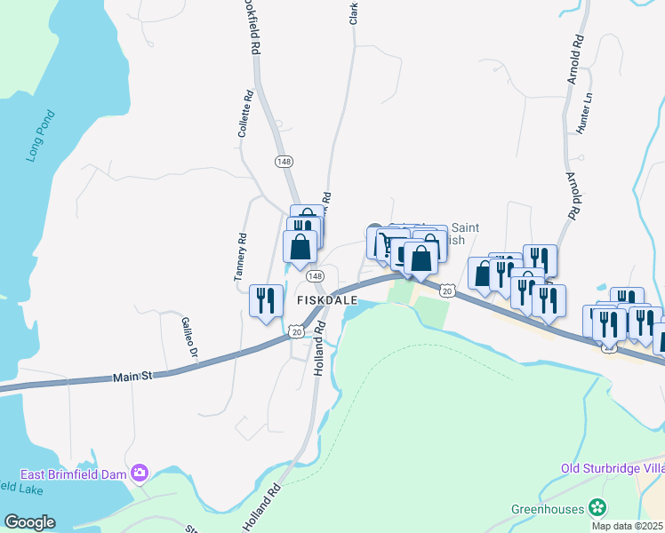 map of restaurants, bars, coffee shops, grocery stores, and more near 8 School Street in Sturbridge
