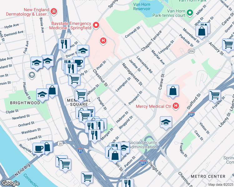 map of restaurants, bars, coffee shops, grocery stores, and more near 597 Chestnut Street in Springfield