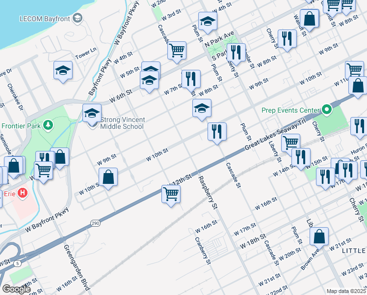 map of restaurants, bars, coffee shops, grocery stores, and more near in Erie