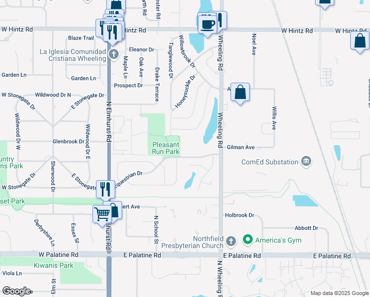 map of restaurants, bars, coffee shops, grocery stores, and more near 540 Pleasant Run Drive in Wheeling