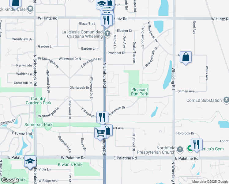 map of restaurants, bars, coffee shops, grocery stores, and more near 1171 South Forums Court in Wheeling