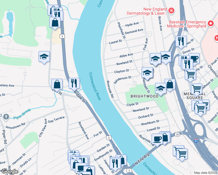 map of restaurants, bars, coffee shops, grocery stores, and more near Riverside Road in Springfield