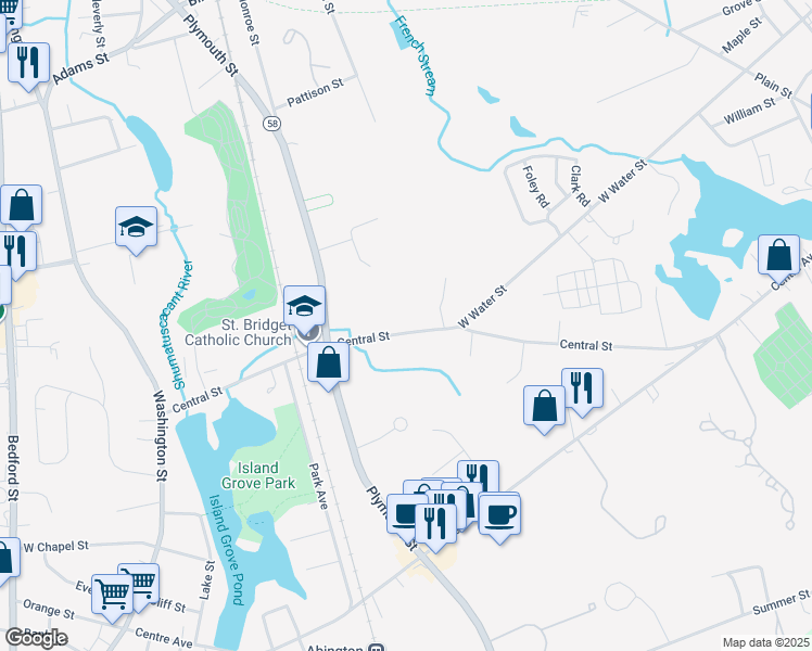 map of restaurants, bars, coffee shops, grocery stores, and more near 47 Central Street in Abington
