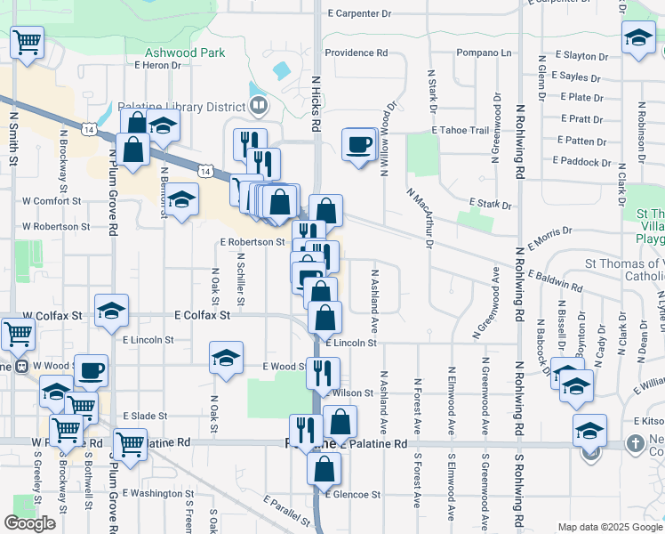 map of restaurants, bars, coffee shops, grocery stores, and more near 301 North Northwest Highway in Palatine