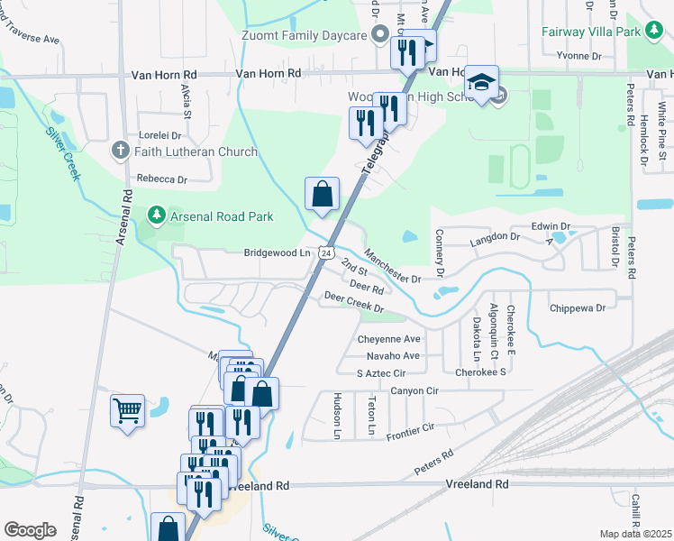 map of restaurants, bars, coffee shops, grocery stores, and more near 25821 Telegraph Road in Flat Rock