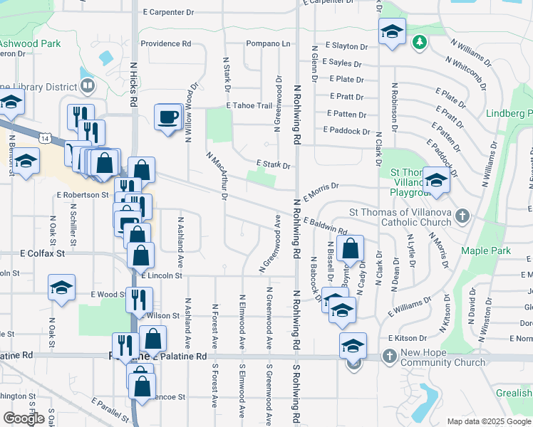 map of restaurants, bars, coffee shops, grocery stores, and more near 718 East Baldwin Road in Palatine