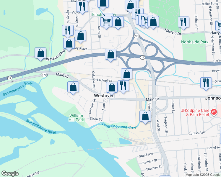 map of restaurants, bars, coffee shops, grocery stores, and more near 35 Frederick Street in Johnson City