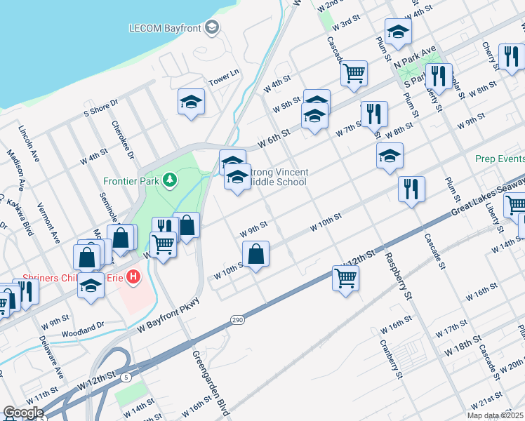 map of restaurants, bars, coffee shops, grocery stores, and more near 814 Washington Place in Erie