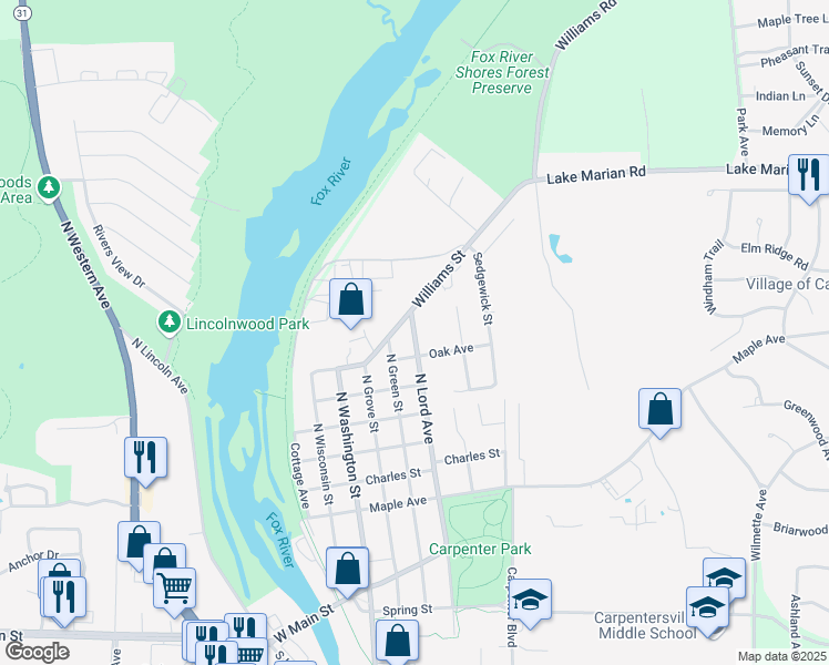 map of restaurants, bars, coffee shops, grocery stores, and more near 418 North Lord Avenue in Carpentersville