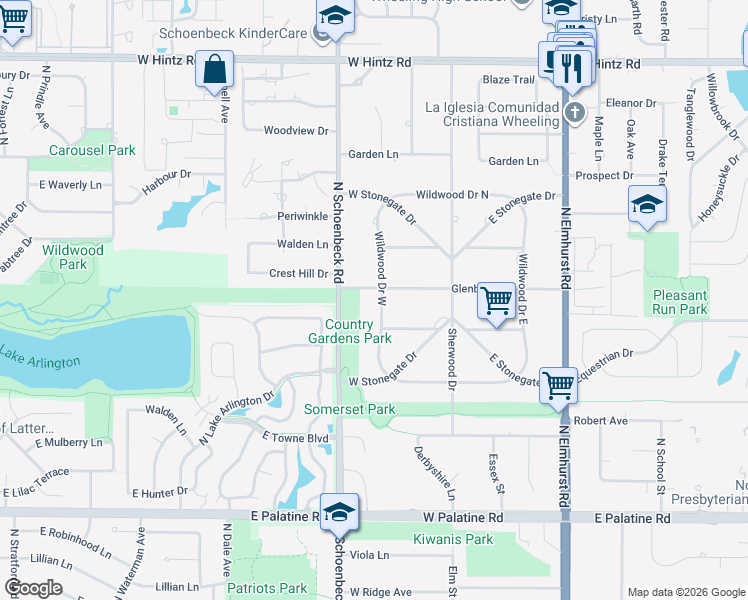 map of restaurants, bars, coffee shops, grocery stores, and more near 916 Wildwood Drive West in Prospect Heights
