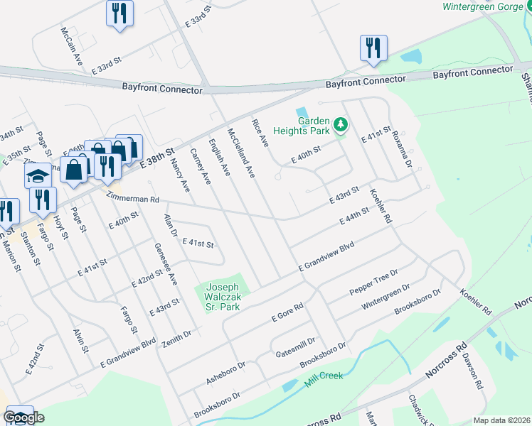 map of restaurants, bars, coffee shops, grocery stores, and more near 4132 McClelland Avenue in Erie