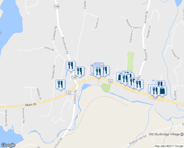 map of restaurants, bars, coffee shops, grocery stores, and more near 5 High St in Sturbridge