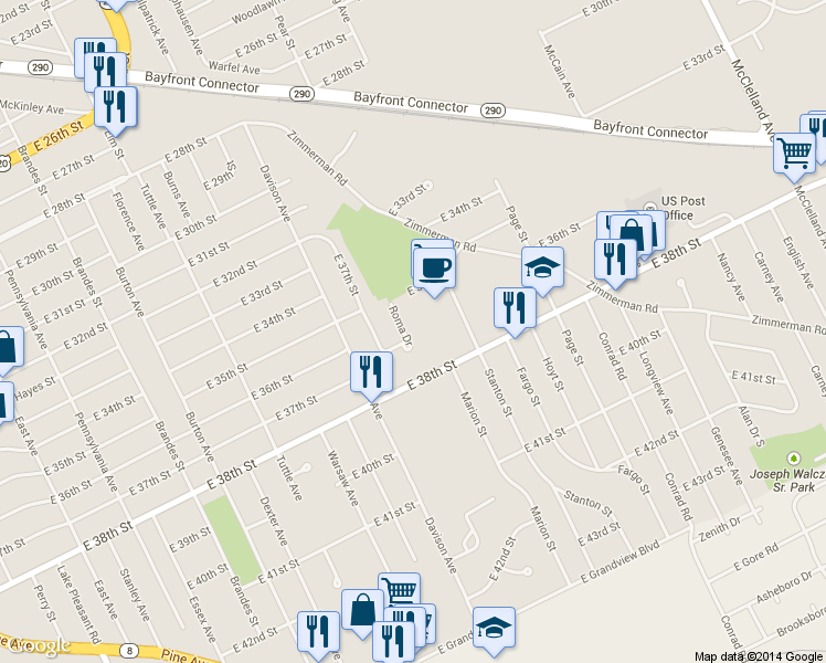 map of restaurants, bars, coffee shops, grocery stores, and more near 3611 Roma Dr in Erie