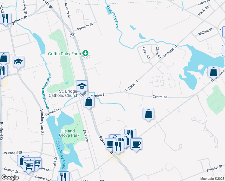 map of restaurants, bars, coffee shops, grocery stores, and more near 47 Central Street in Abington