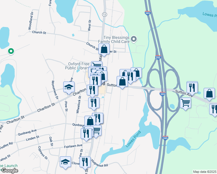 map of restaurants, bars, coffee shops, grocery stores, and more near 8 1/2 Sutton Avenue in Oxford