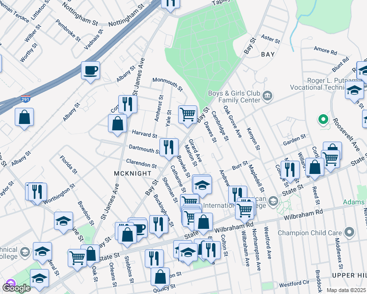 map of restaurants, bars, coffee shops, grocery stores, and more near 302-304 Bay Street in Springfield