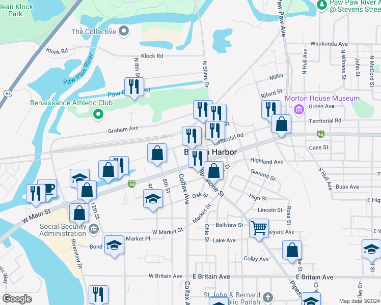 map of restaurants, bars, coffee shops, grocery stores, and more near 138 Water Street in Benton Harbor