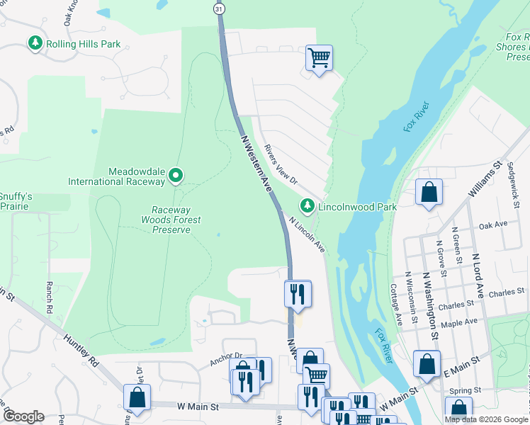 map of restaurants, bars, coffee shops, grocery stores, and more near 17N208 State Route 31 in Carpentersville