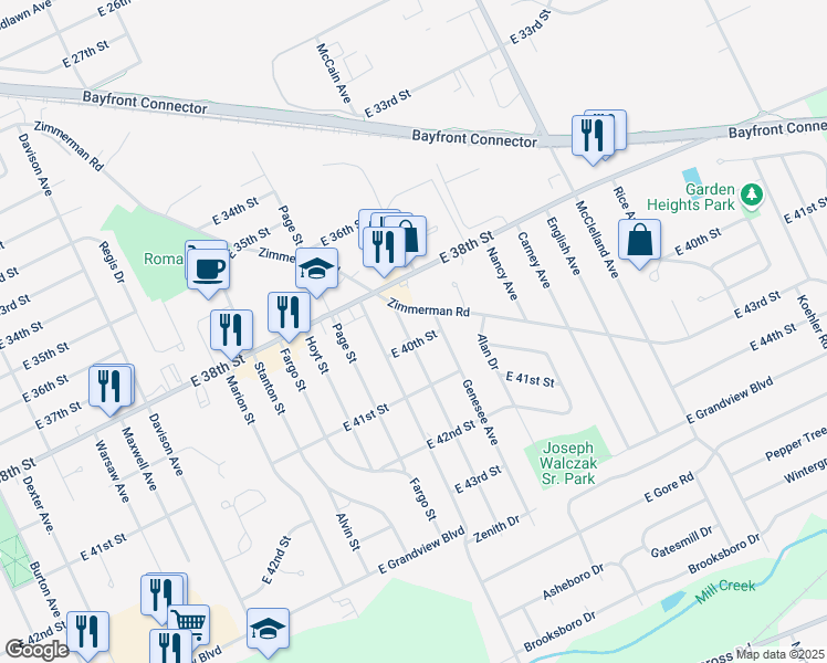 map of restaurants, bars, coffee shops, grocery stores, and more near 3919 Longview Avenue in Erie