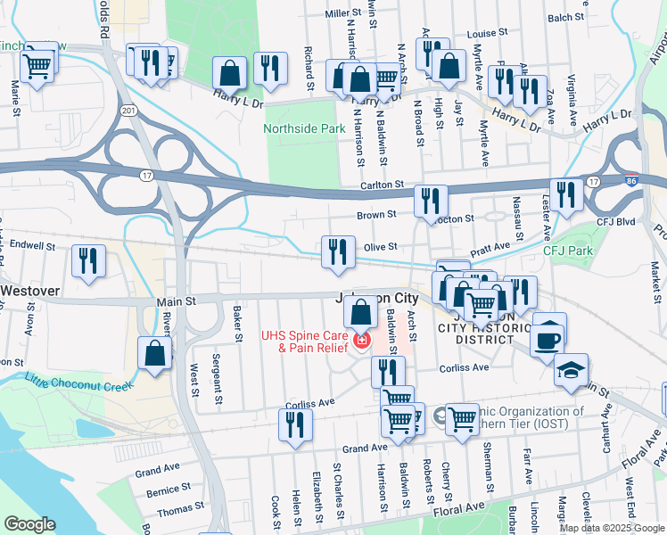 map of restaurants, bars, coffee shops, grocery stores, and more near 7 Burns St in Johnson City