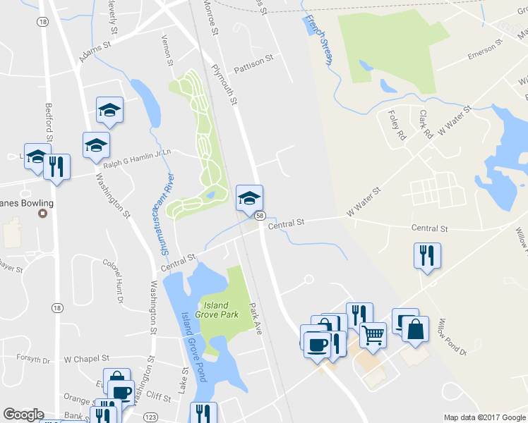 map of restaurants, bars, coffee shops, grocery stores, and more near 446 Plymouth Street in Abington