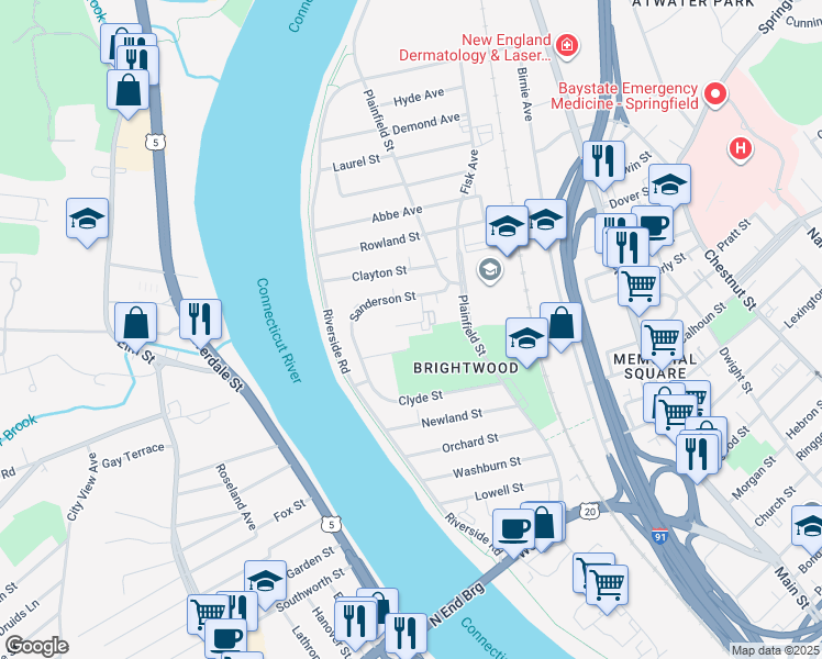 map of restaurants, bars, coffee shops, grocery stores, and more near 53 Whiting Street in Springfield
