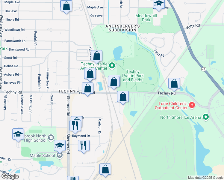 map of restaurants, bars, coffee shops, grocery stores, and more near 1906 Techny Road in Northbrook