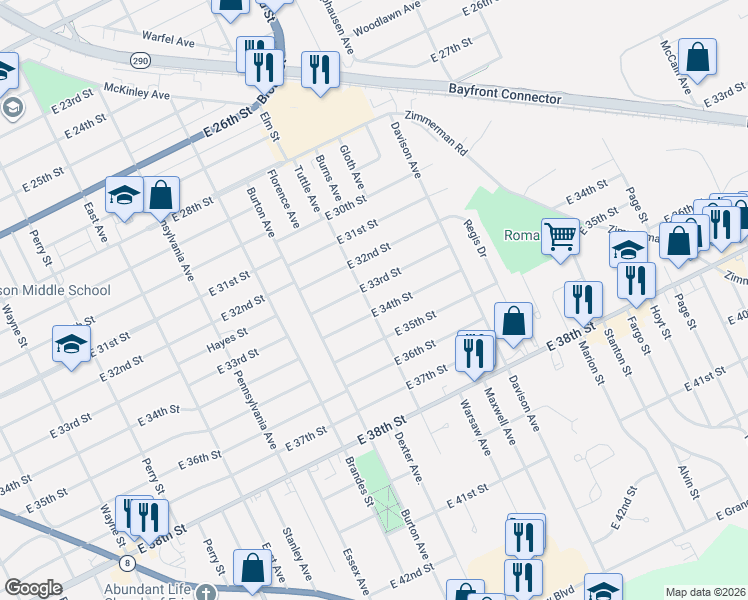map of restaurants, bars, coffee shops, grocery stores, and more near 1319 East 33rd Street in Erie