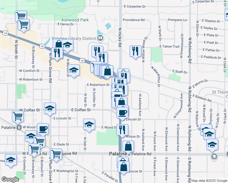 map of restaurants, bars, coffee shops, grocery stores, and more near 335 North Schubert Street in Palatine