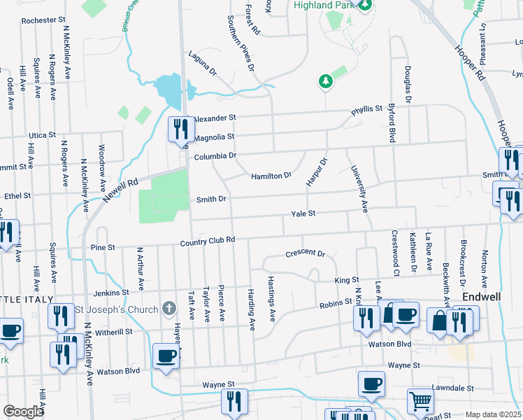 map of restaurants, bars, coffee shops, grocery stores, and more near 2710 Smith Drive in Endicott