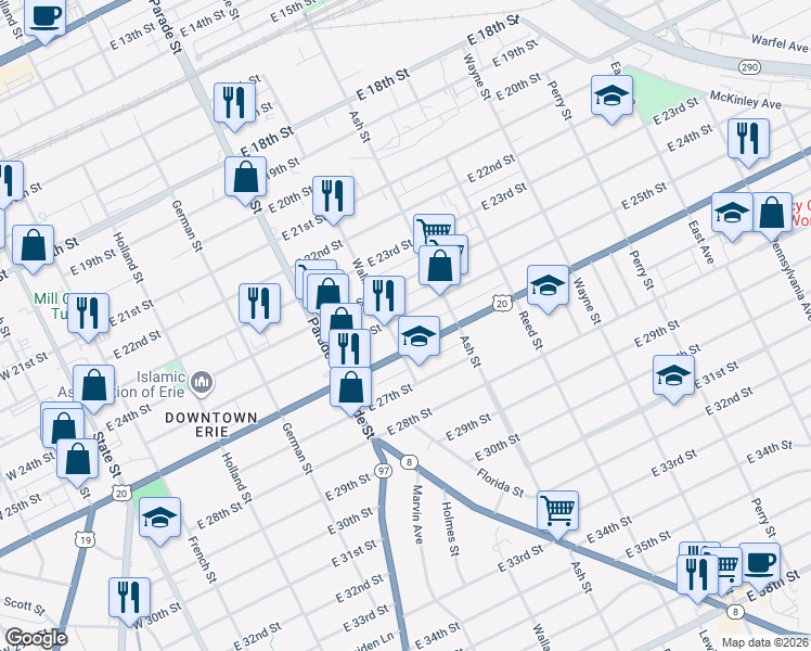 map of restaurants, bars, coffee shops, grocery stores, and more near 513 East 25th Street in Erie