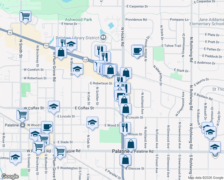 map of restaurants, bars, coffee shops, grocery stores, and more near 335 North Schubert Street in Palatine