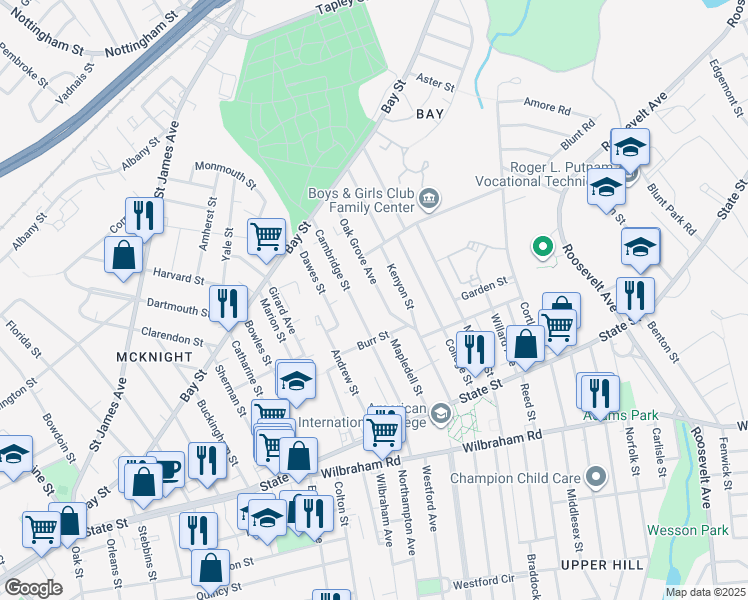 map of restaurants, bars, coffee shops, grocery stores, and more near 155 Oak Grove Avenue in Springfield