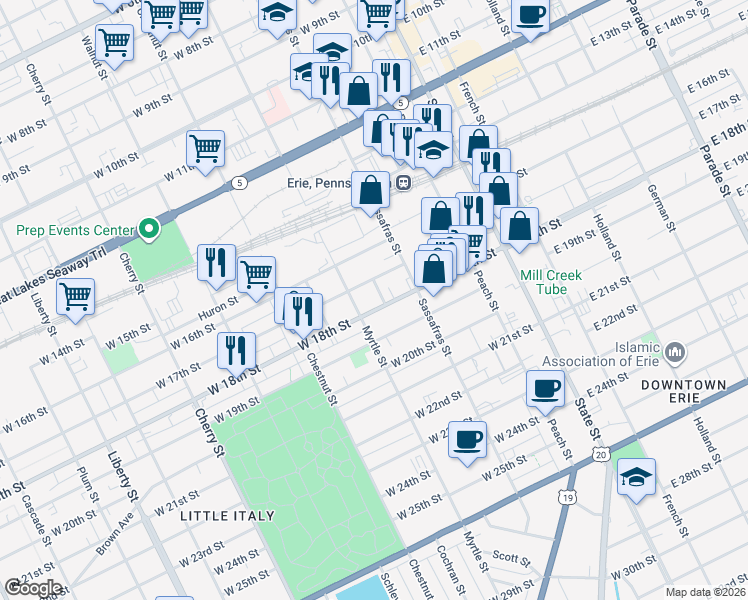 map of restaurants, bars, coffee shops, grocery stores, and more near 1710 Mobile Avenue in Erie