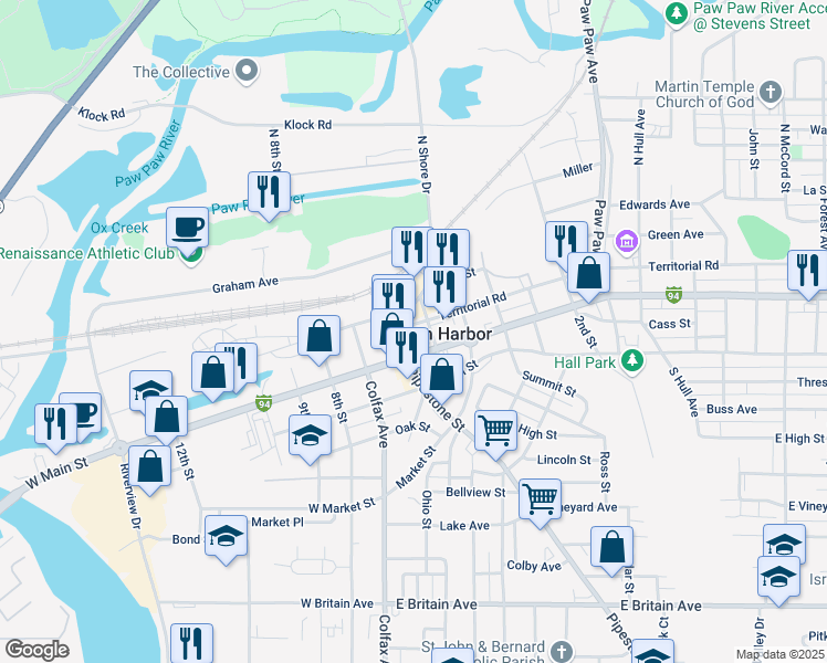 map of restaurants, bars, coffee shops, grocery stores, and more near 138 Water Street in Benton Harbor