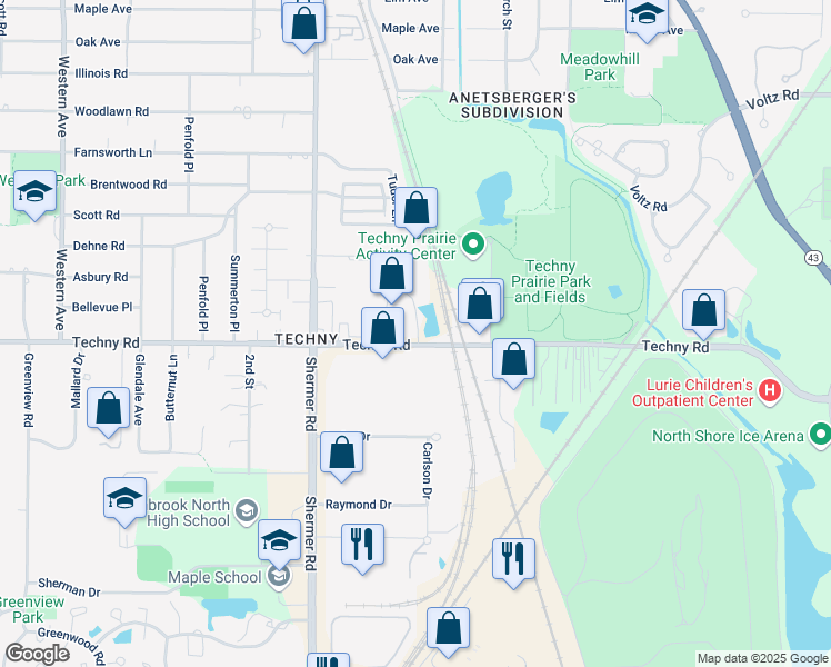 map of restaurants, bars, coffee shops, grocery stores, and more near 1906 Techny Road in Northbrook