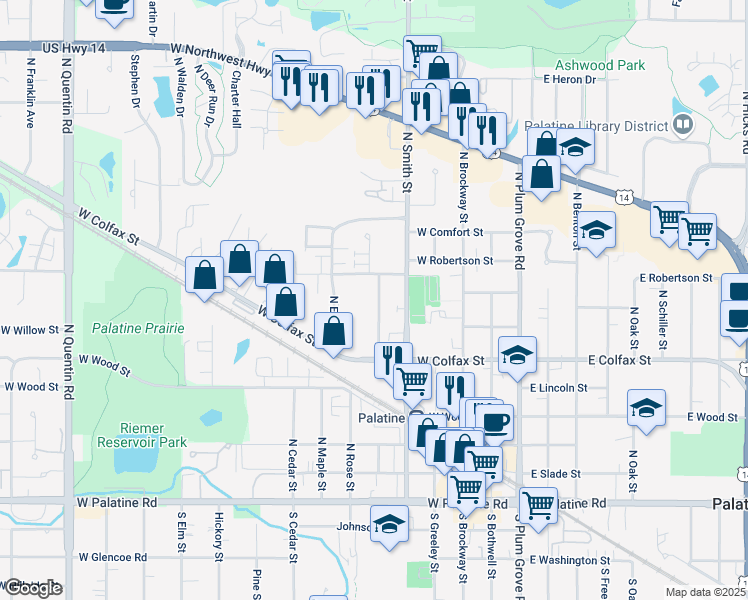 map of restaurants, bars, coffee shops, grocery stores, and more near 330 North Carter Street in Palatine