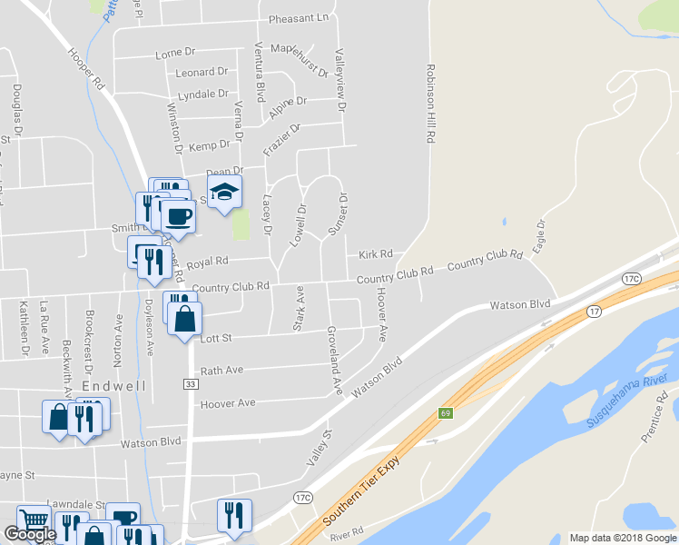 map of restaurants, bars, coffee shops, grocery stores, and more near 3705 Country Club Road in Endicott